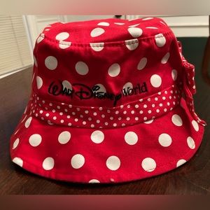 Children’s Walt Disney World red polka dot embroidered bucket hat.